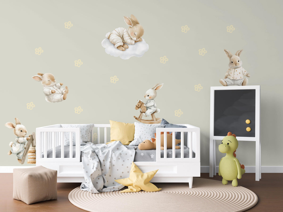Bunny Wall Stickers, Vintage Bunny Nursery Decor, Sleepy Rabbit Cloud Wall Decals, Neutral Kids Room Baby Peel and Stick Wall Art