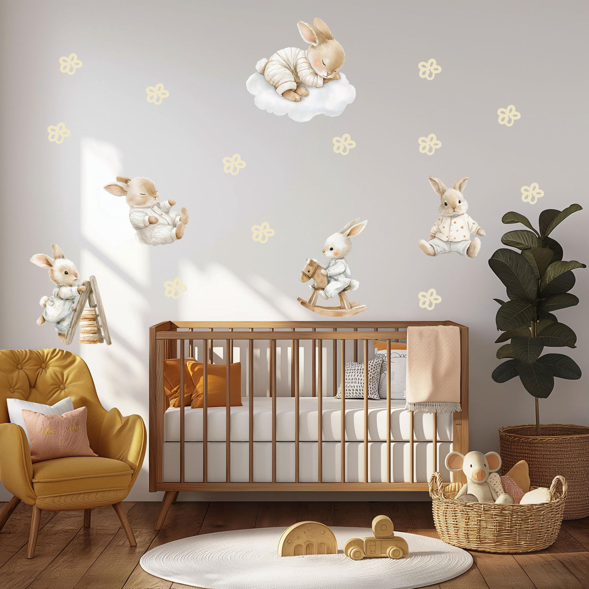 Bunny Wall Stickers, Vintage Bunny Nursery Decor, Sleepy Rabbit Cloud Wall Decals, Neutral Kids Room Baby Peel and Stick Wall Art
