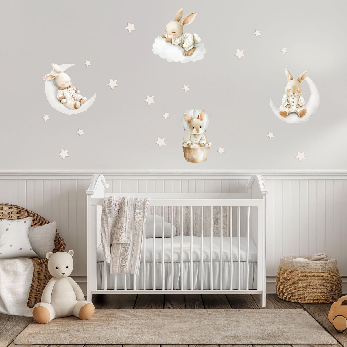 Bunny Wall Stickers, Sleepy Bunny Nursery Decor, Moon Star Rabbit Hot Air Balloon Wall Decals, Neutral Kids Room Peel and Stick Wall Art