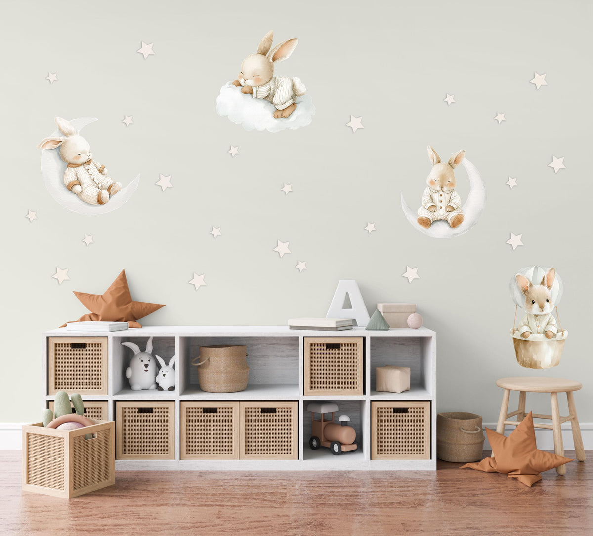 Bunny Wall Stickers, Sleepy Bunny Nursery Decor, Moon Star Rabbit Hot Air Balloon Wall Decals, Neutral Kids Room Peel and Stick Wall Art