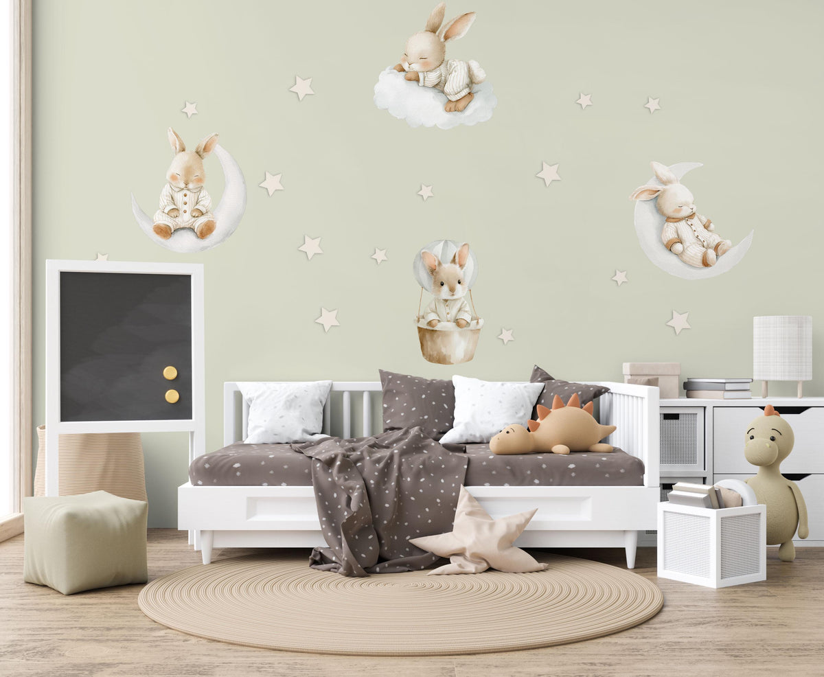 Bunny Wall Stickers, Sleepy Bunny Nursery Decor, Moon Star Rabbit Hot Air Balloon Wall Decals, Neutral Kids Room Peel and Stick Wall Art