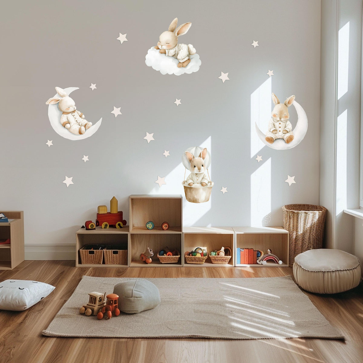 Bunny Wall Stickers, Sleepy Bunny Nursery Decor, Moon Star Rabbit Hot Air Balloon Wall Decals, Neutral Kids Room Peel and Stick Wall Art
