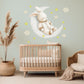 Bunny Wall Stickers, Sleepy Bunny on Moon Nursery Decor, Star Cloud Wall Decals, Neutral Kids Room Baby Goodnight Peel and Stick Art