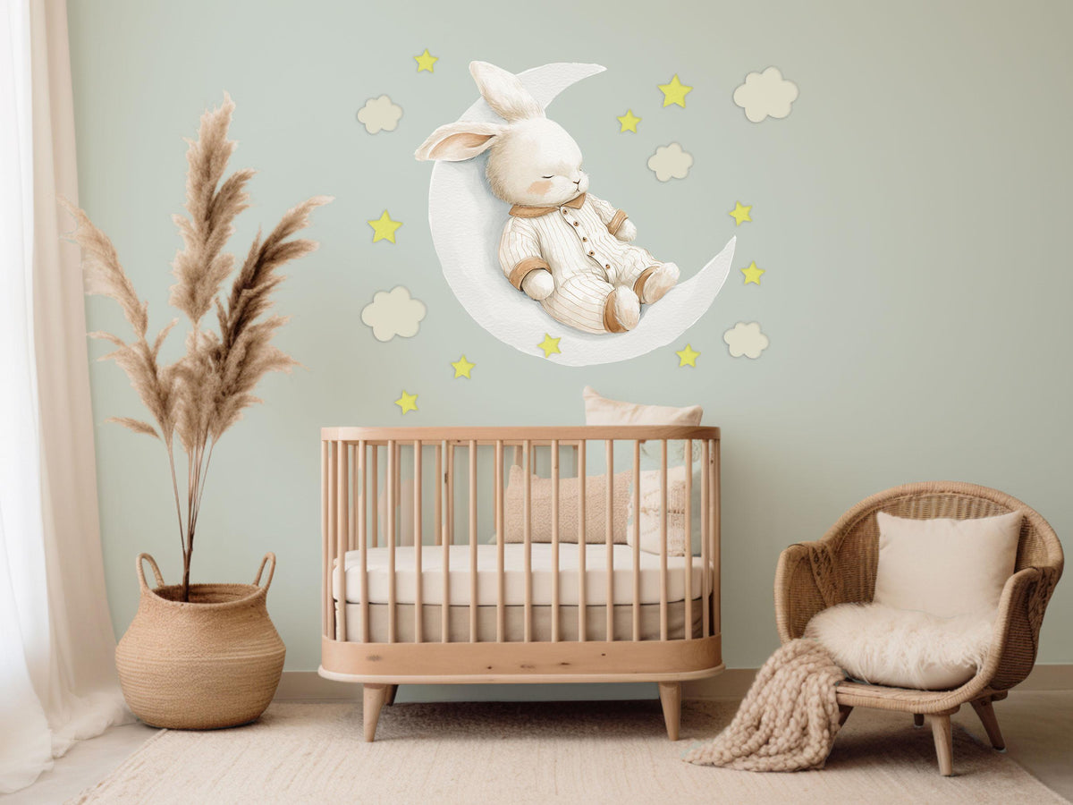 Bunny Wall Stickers, Sleepy Bunny on Moon Nursery Decor, Star Cloud Wall Decals, Neutral Kids Room Baby Goodnight Peel and Stick Art
