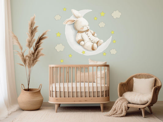 Bunny Wall Stickers, Sleepy Bunny on Moon Nursery Decor, Star Cloud Wall Decals, Neutral Kids Room Baby Goodnight Peel and Stick Art