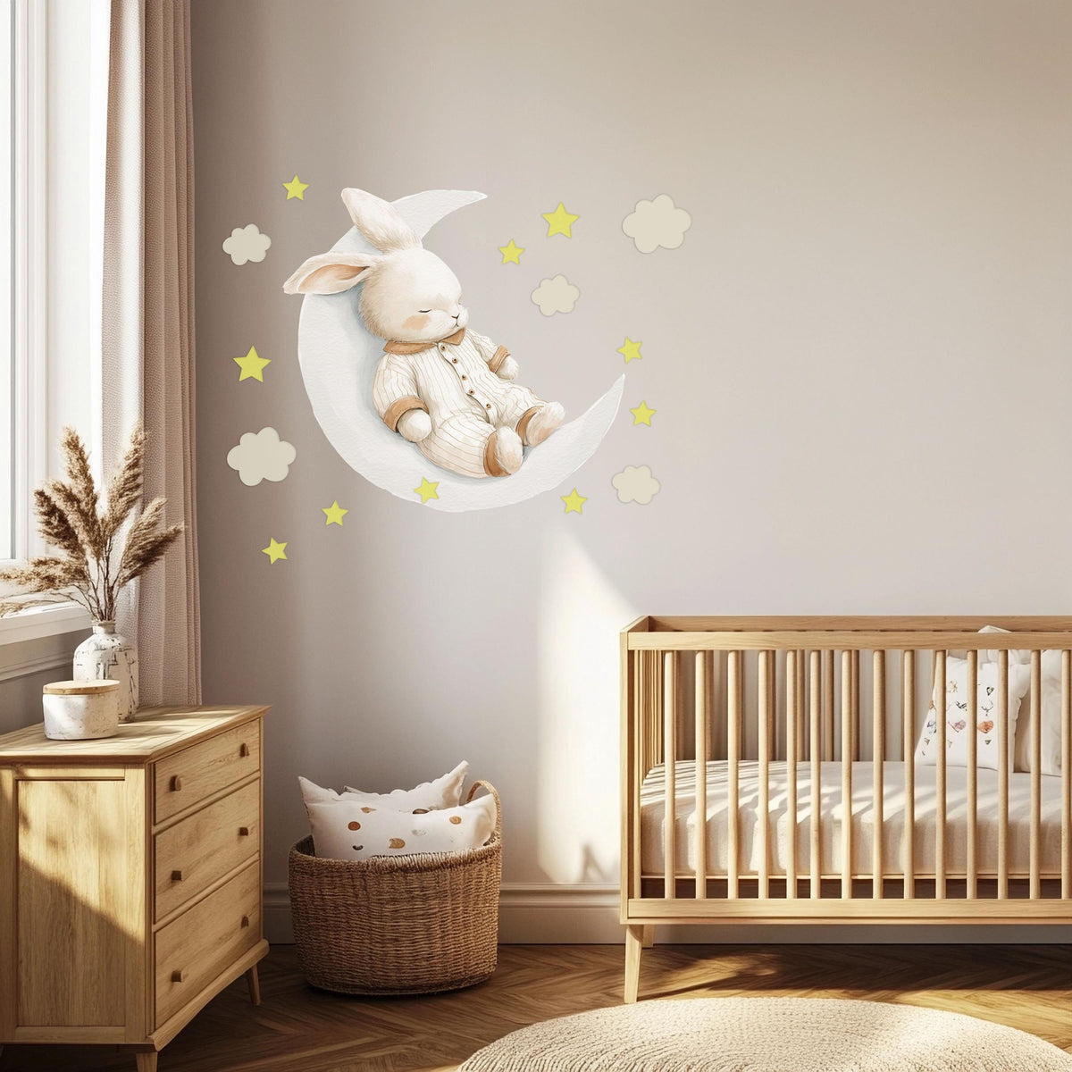 Bunny Wall Stickers, Sleepy Bunny on Moon Nursery Decor, Star Cloud Wall Decals, Neutral Kids Room Baby Goodnight Peel and Stick Art