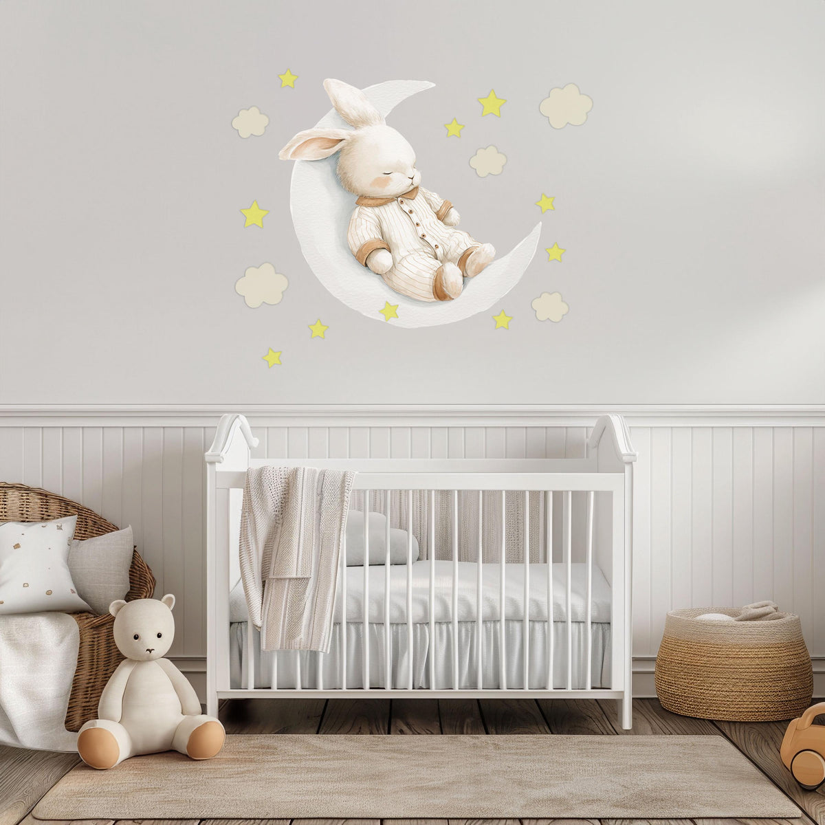 Bunny Wall Stickers, Sleepy Bunny on Moon Nursery Decor, Star Cloud Wall Decals, Neutral Kids Room Baby Goodnight Peel and Stick Art