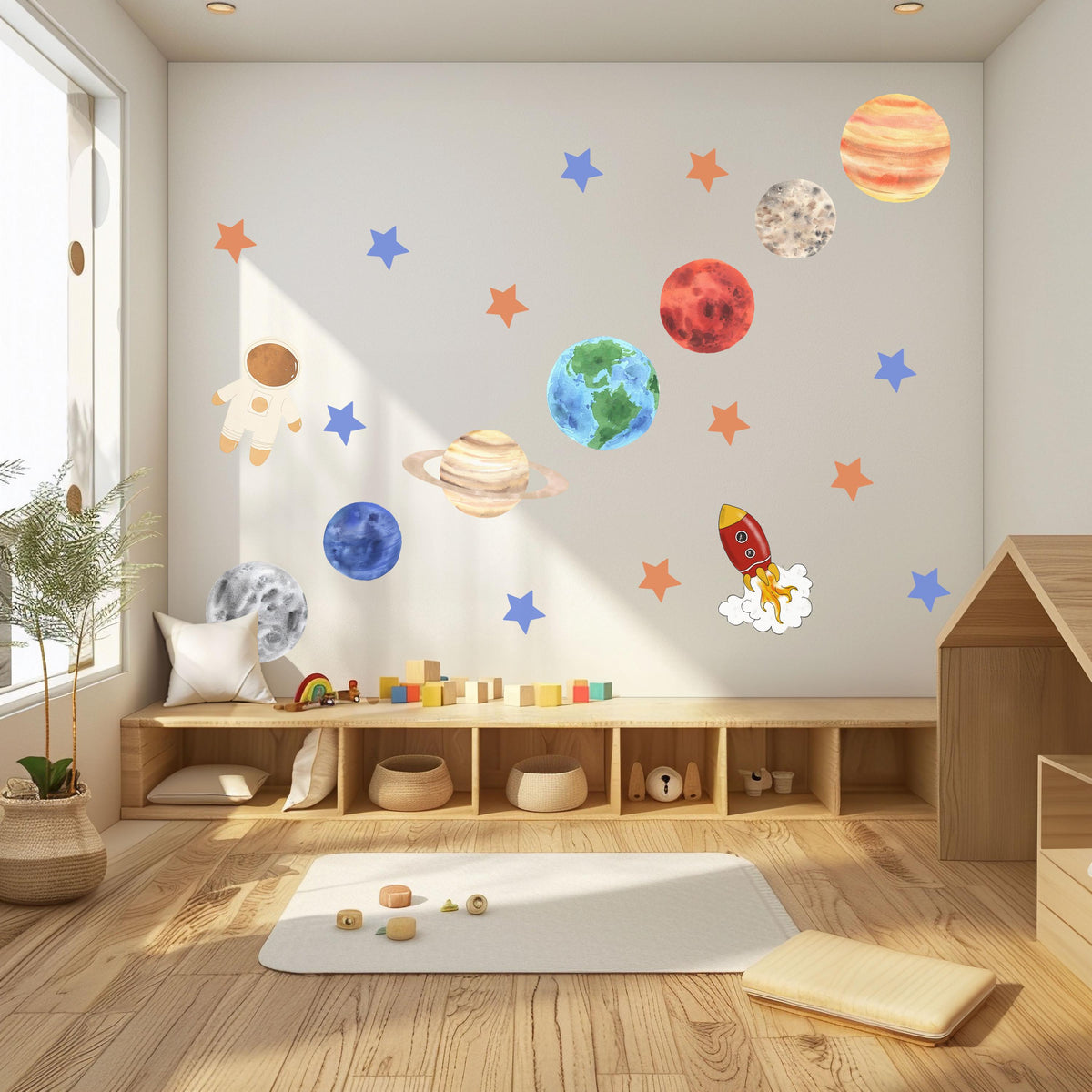 Planet Wall Stickers, Solar System Nursery Decor, Space Rocket Astronaut Wall Decals, Boys Kids Room Educational Peel and Stick Art