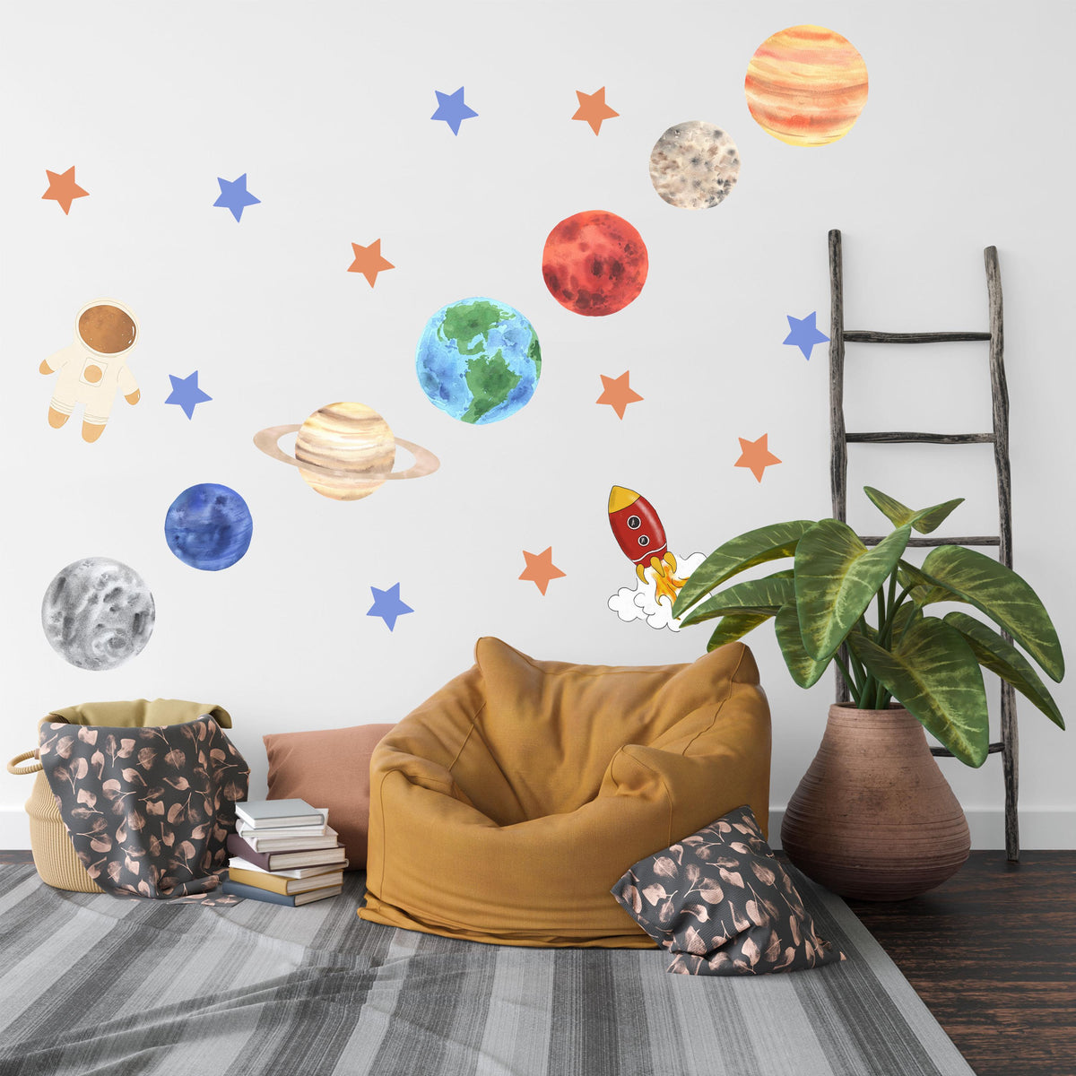 Planet Wall Stickers, Solar System Nursery Decor, Space Rocket Astronaut Wall Decals, Boys Kids Room Educational Peel and Stick Art