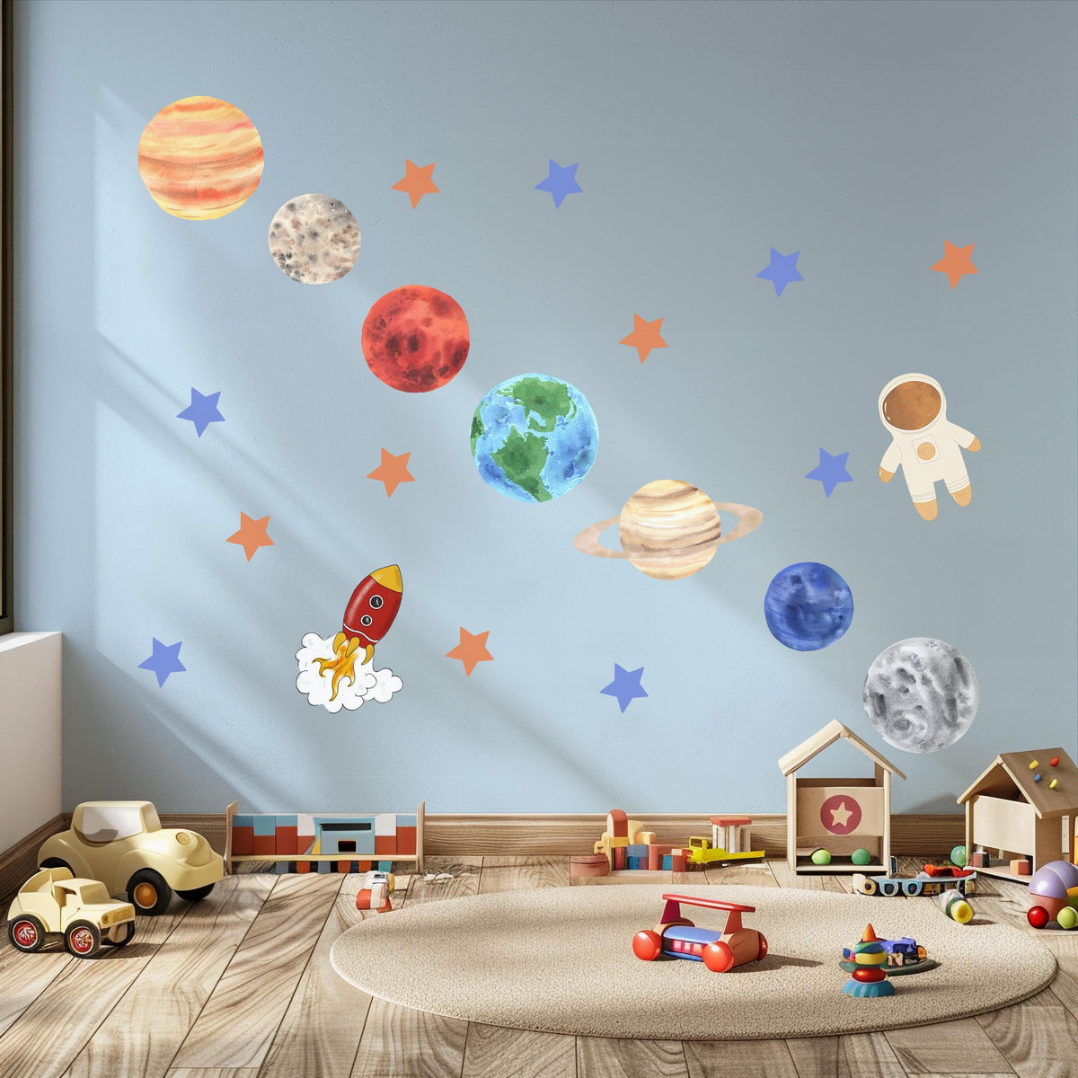 Planet Wall Stickers, Solar System Nursery Decor, Space Rocket Astronaut Wall Decals, Boys Kids Room Educational Peel and Stick Art