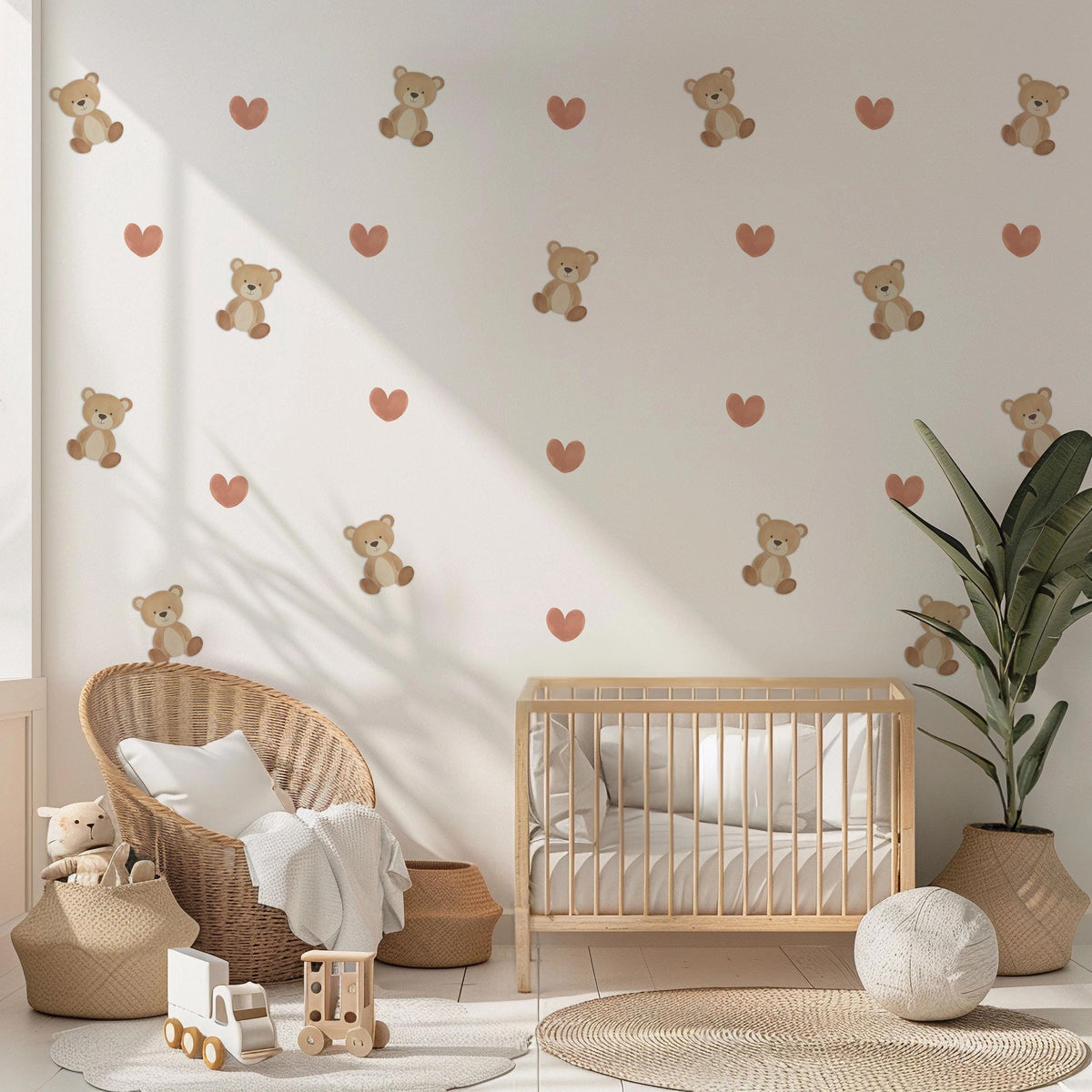 Teddy Bear Wall Stickers, Teddy Bear Nursery Decor, Boho Heart Wall Decals, Neutral Kids Room Baby Nursery Peel and Stick Wall Art