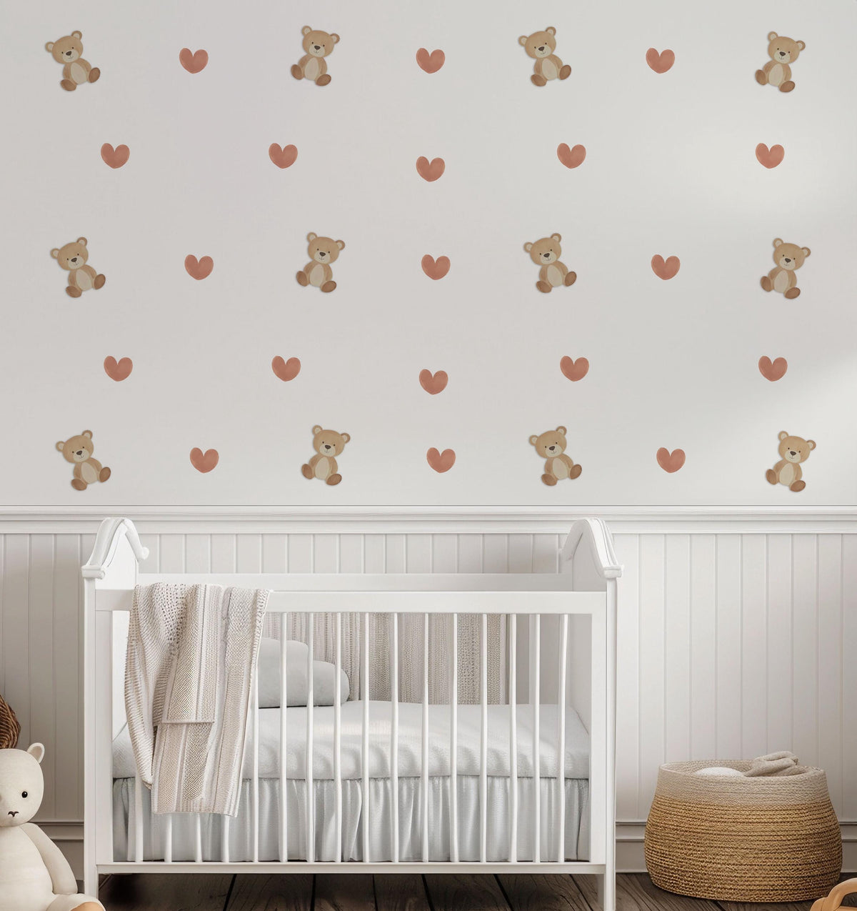 Teddy Bear Wall Stickers, Teddy Bear Nursery Decor, Boho Heart Wall Decals, Neutral Kids Room Baby Nursery Peel and Stick Wall Art