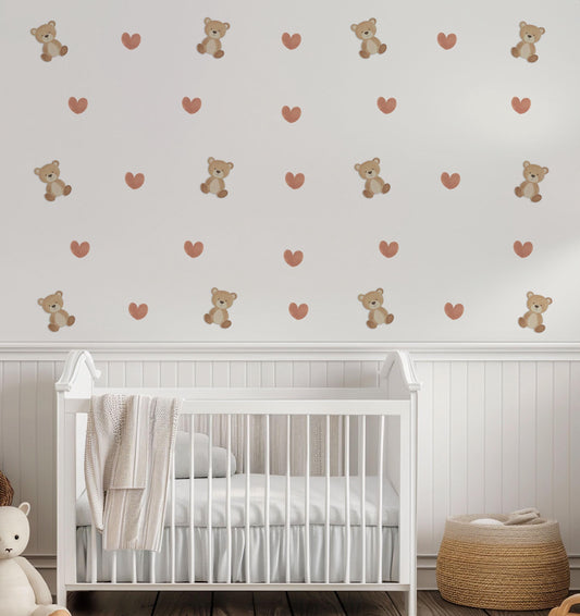 Teddy Bear Wall Stickers, Teddy Bear Nursery Decor, Boho Heart Wall Decals, Neutral Kids Room Baby Nursery Peel and Stick Wall Art