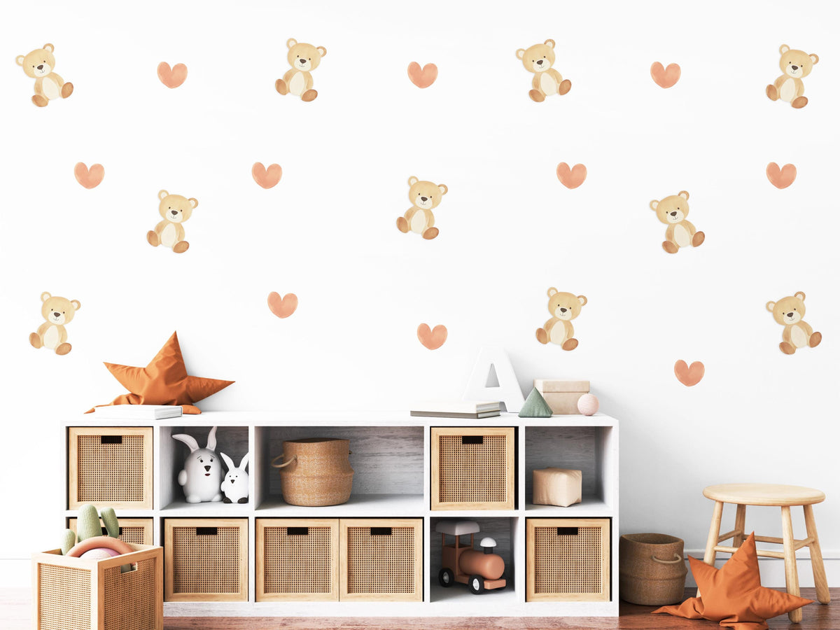 Teddy Bear Wall Stickers, Teddy Bear Nursery Decor, Boho Heart Wall Decals, Neutral Kids Room Baby Nursery Peel and Stick Wall Art