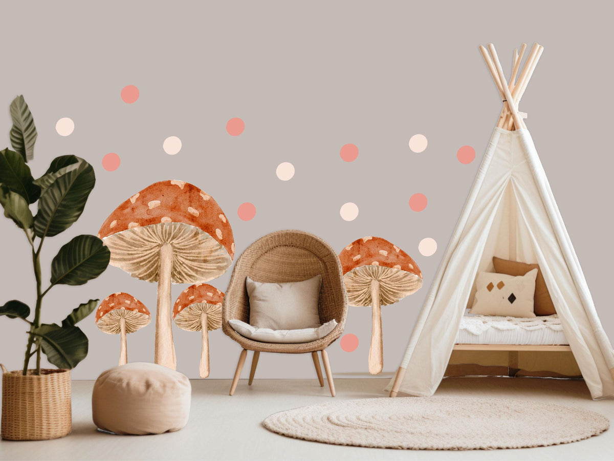 Mushroom Wall Stickers, Boho Toadstool Nursery Decor, Pink Dot Mushroom Wall Decals, Girls Kids Room Baby Peel and Stick Wall Art