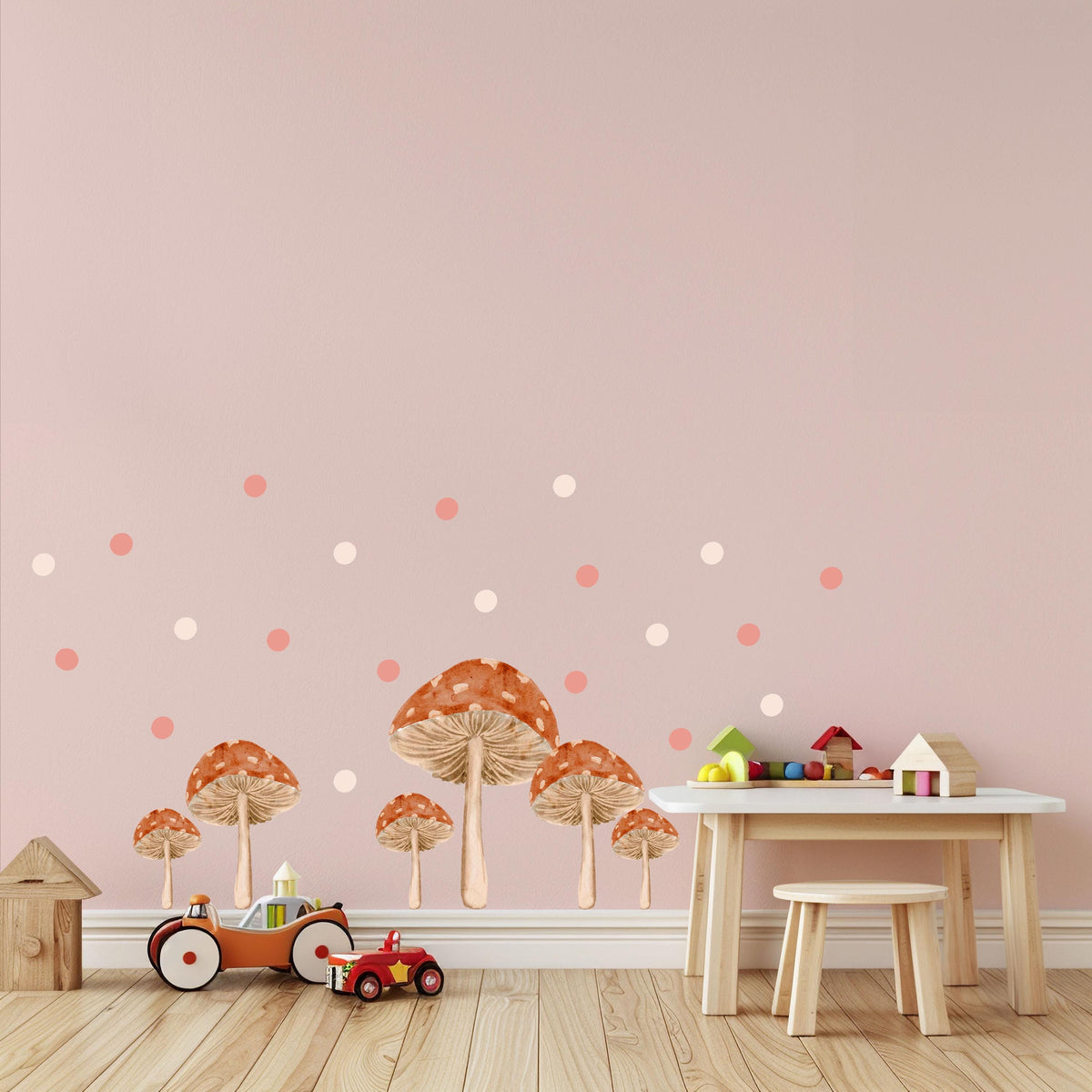Mushroom Wall Stickers, Boho Toadstool Nursery Decor, Pink Dot Mushroom Wall Decals, Girls Kids Room Baby Peel and Stick Wall Art
