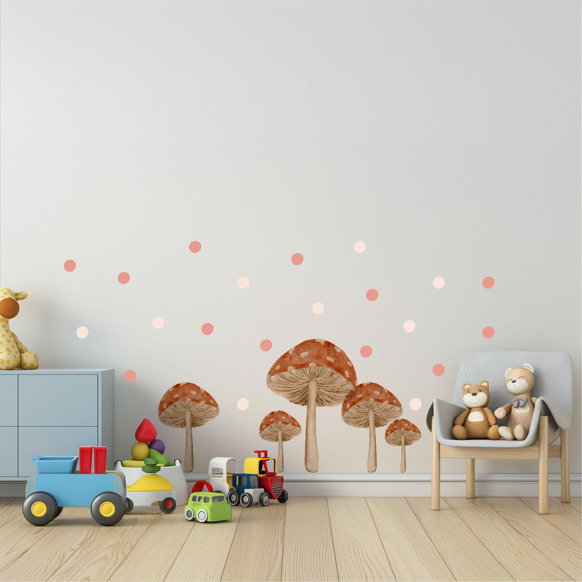 Mushroom Wall Stickers, Boho Toadstool Nursery Decor, Pink Dot Mushroom Wall Decals, Girls Kids Room Baby Peel and Stick Wall Art