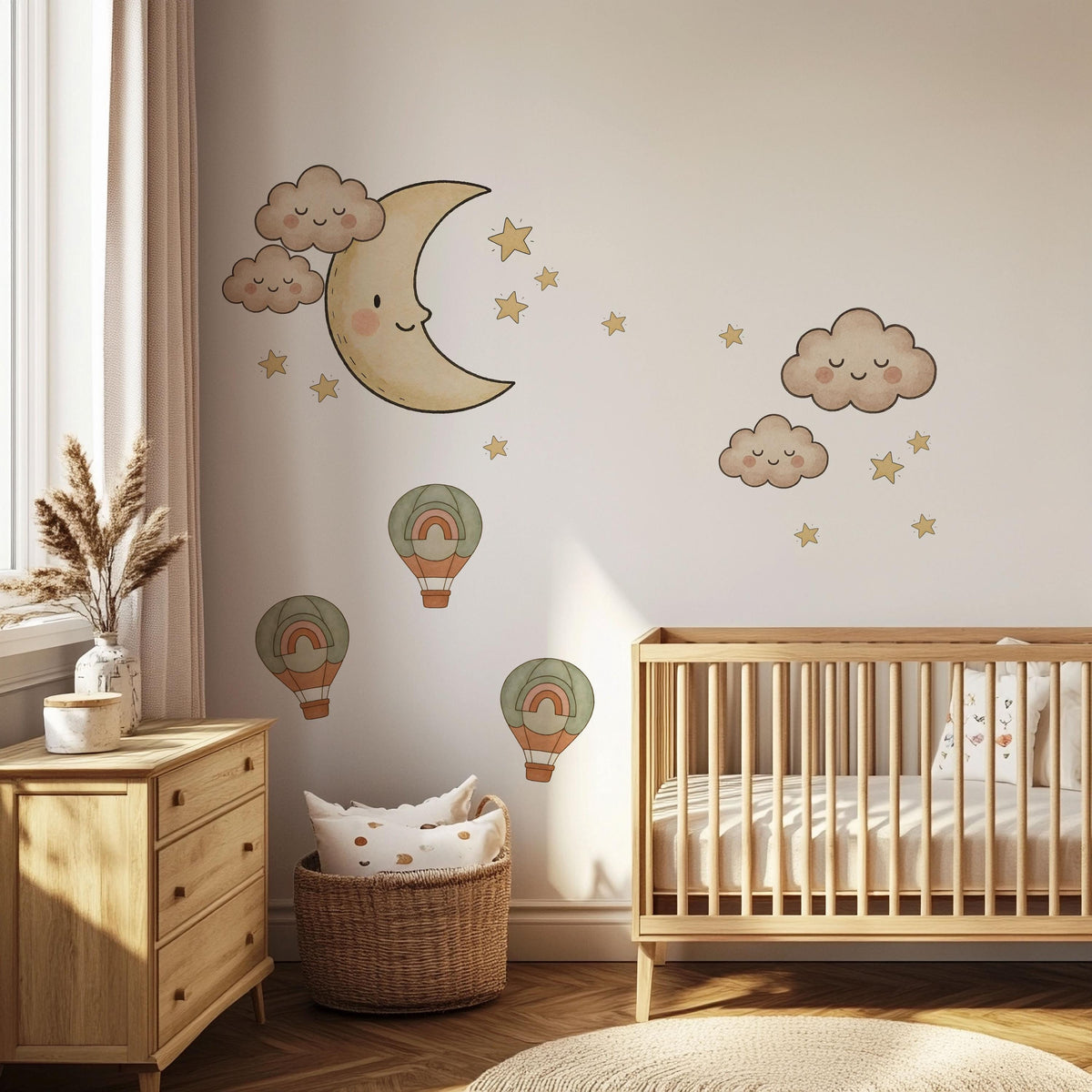Moon and Stars Wall Stickers, Cloud Hot Air Balloon Nursery Decor, Boho Sky Wall Decals, Gender Neutral Kids Room Peel and Stick Art