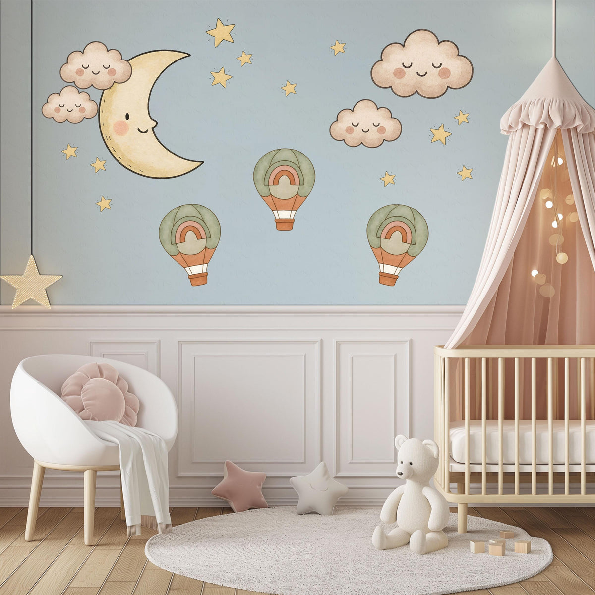 Moon and Stars Wall Stickers, Cloud Hot Air Balloon Nursery Decor, Boho Sky Wall Decals, Gender Neutral Kids Room Peel and Stick Art