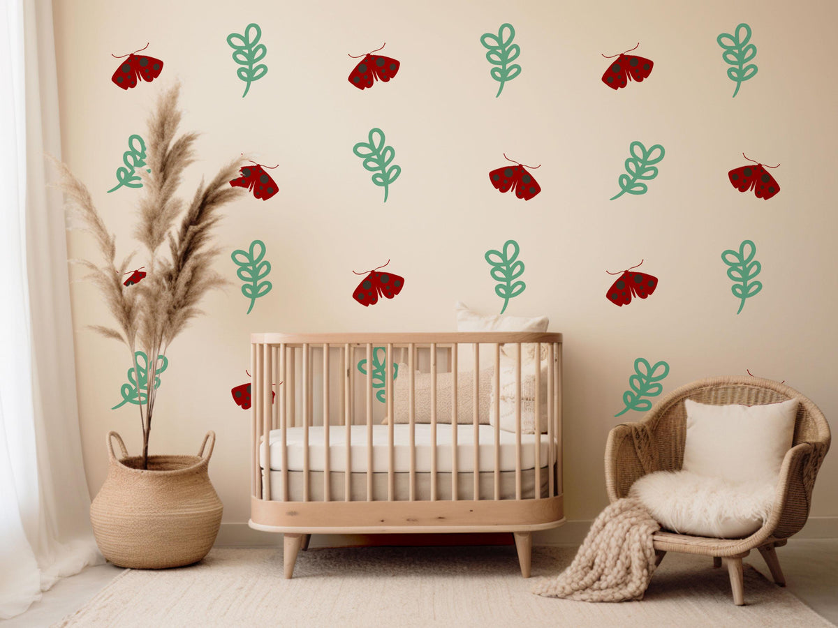 Moth Wall Stickers, Red Moth Leaf Nursery Decor, Botanical Folk Wall Decals, Boho Kids Room Baby Neutral Peel and Stick Wall Art