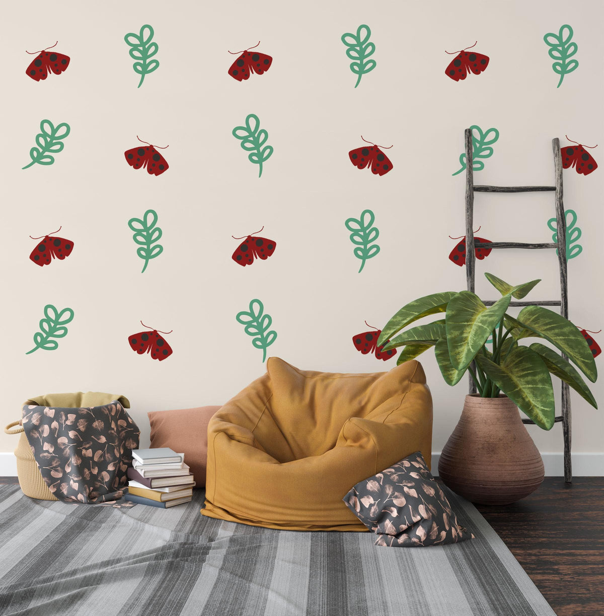 Moth Wall Stickers, Red Moth Leaf Nursery Decor, Botanical Folk Wall Decals, Boho Kids Room Baby Neutral Peel and Stick Wall Art