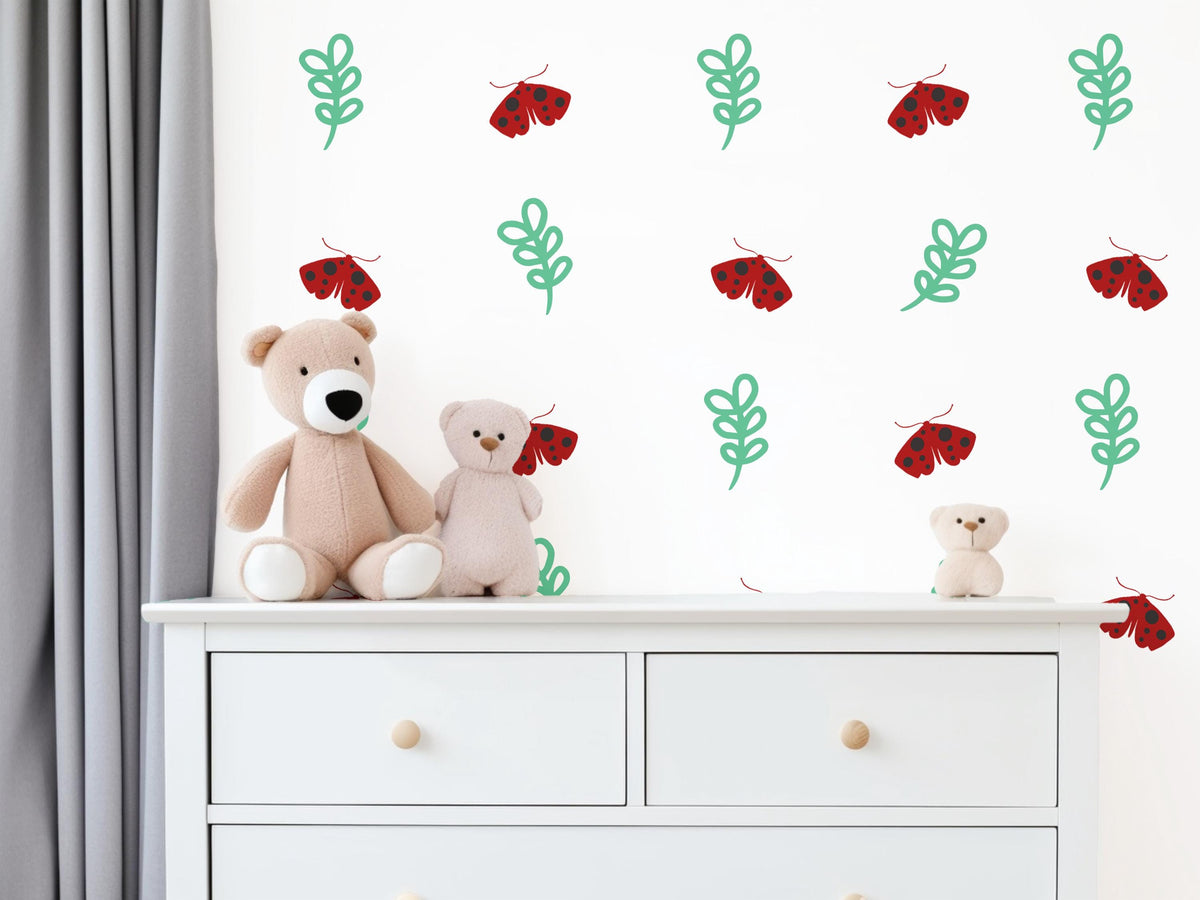 Moth Wall Stickers, Red Moth Leaf Nursery Decor, Botanical Folk Wall Decals, Boho Kids Room Baby Neutral Peel and Stick Wall Art