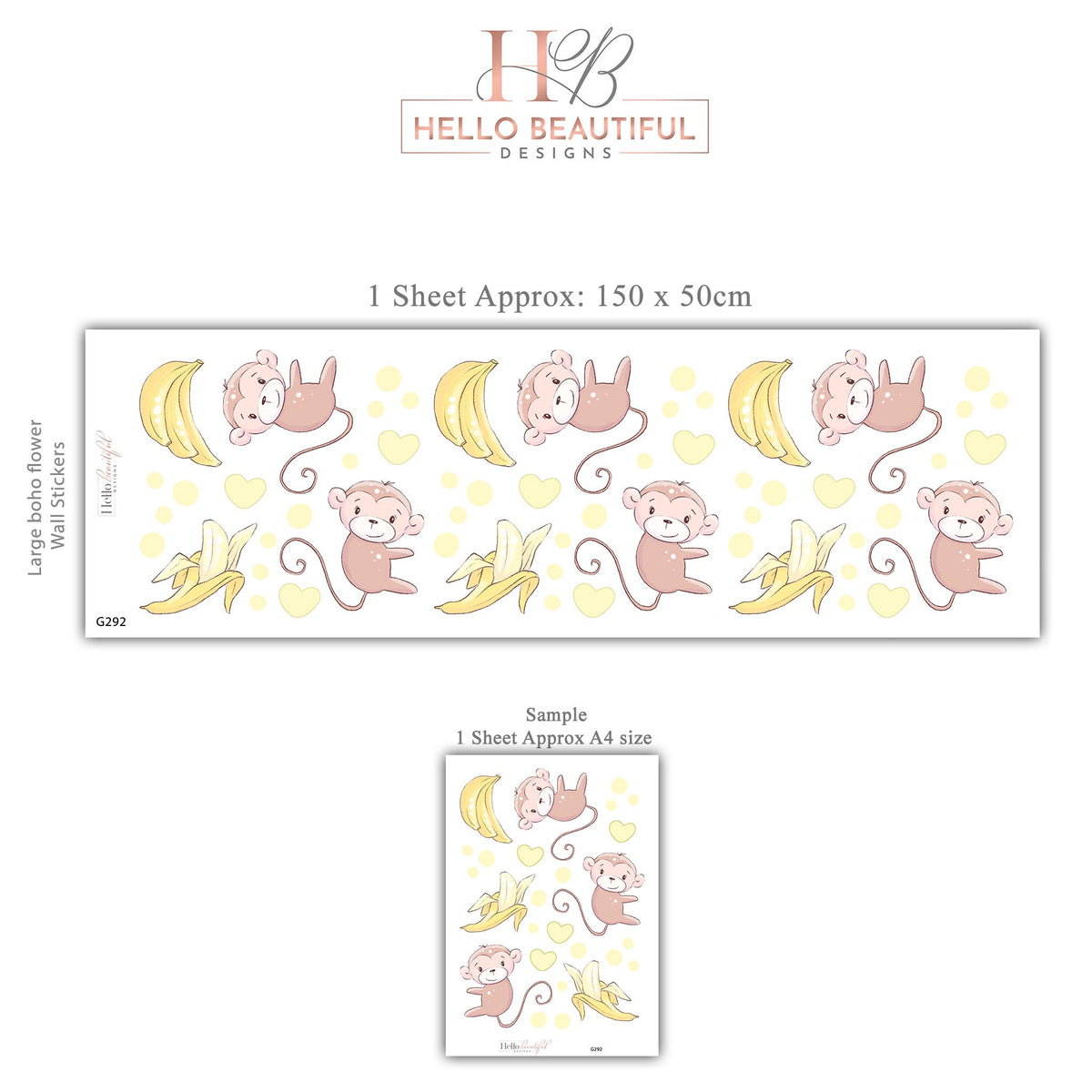 Monkey Wall Stickers, Jungle Monkey and Banana Nursery Decor, Safari Wall Decals, Kids Room, Peel and Stick