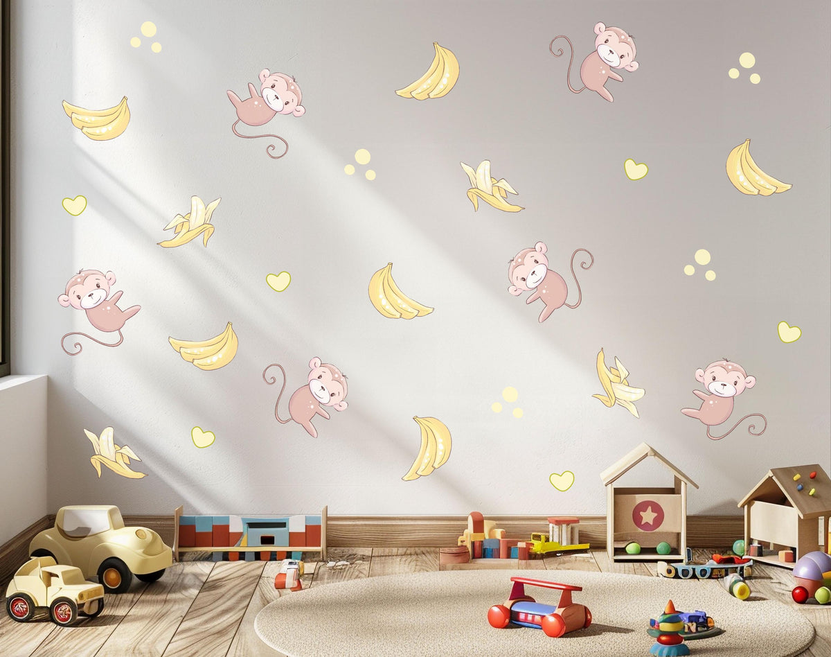 Monkey Wall Stickers, Jungle Monkey and Banana Nursery Decor, Safari Wall Decals, Kids Room, Peel and Stick