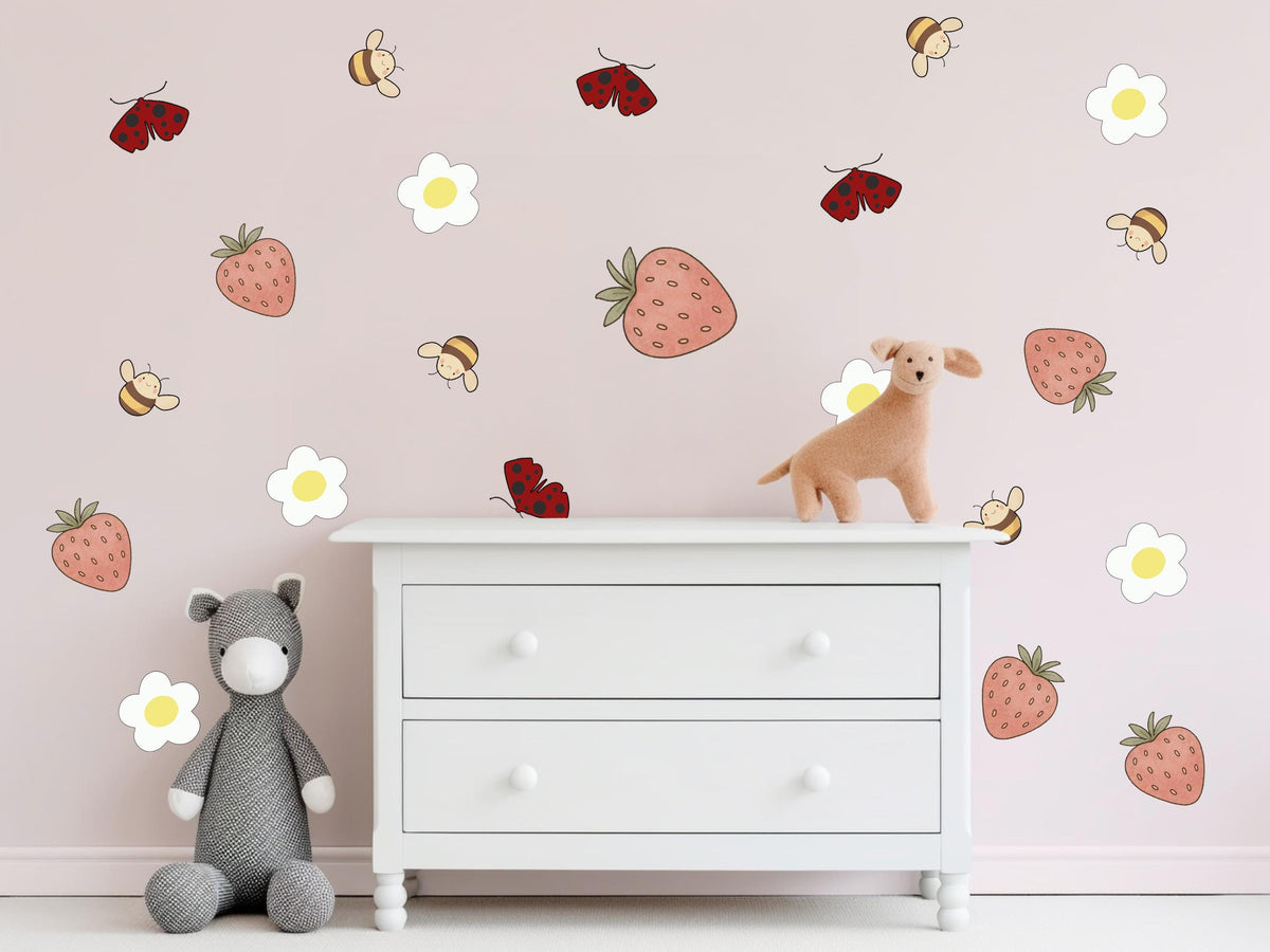 Ladybird Bee and Strawberry Wall Stickers, Garden Nursery Decor, Daisy Wall Decals, Girls Room, Peel and Stick