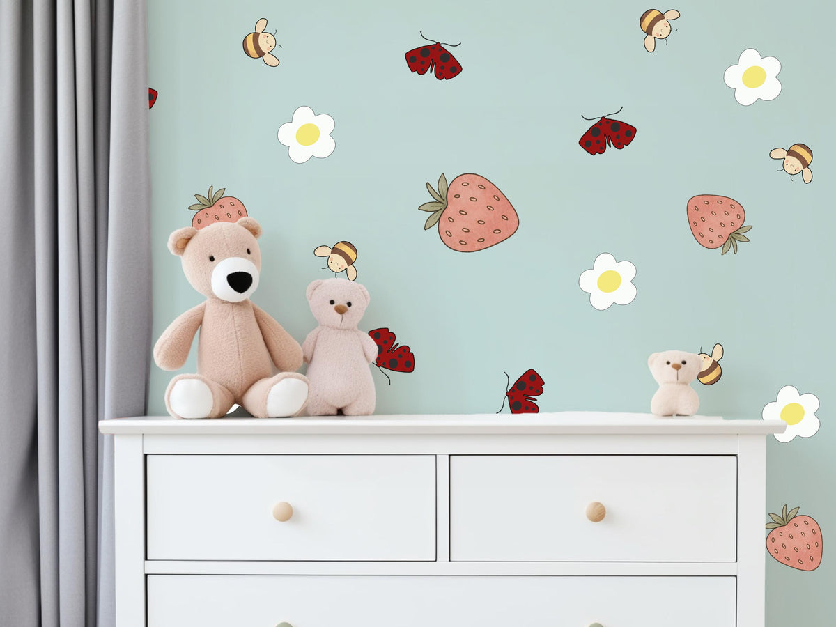 Ladybird Bee and Strawberry Wall Stickers, Garden Nursery Decor, Daisy Wall Decals, Girls Room, Peel and Stick
