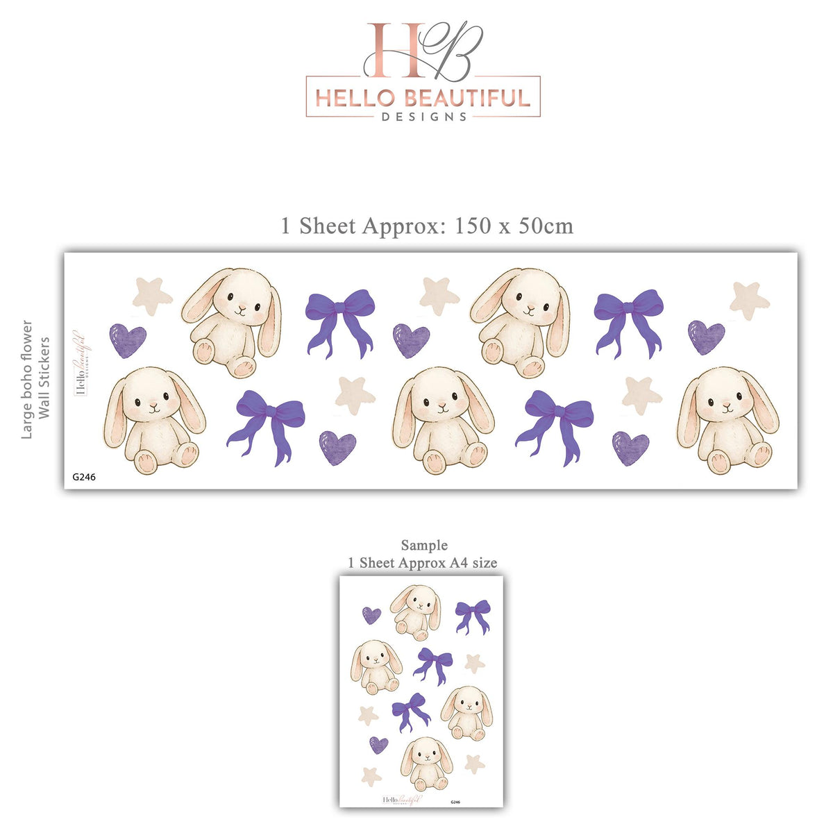 Bunny Wall Stickers, Cute Bunny Nursery Decor, Purple Bows Hearts Stars, Girls Room Kids Bedroom Rabbit Peel and Stick Wall Art