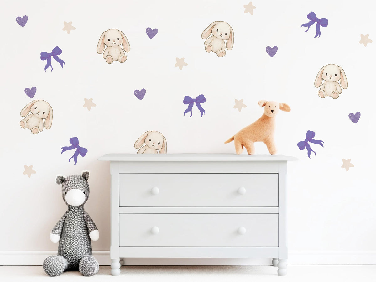Bunny Wall Stickers, Cute Bunny Nursery Decor, Purple Bows Hearts Stars, Girls Room Kids Bedroom Rabbit Peel and Stick Wall Art