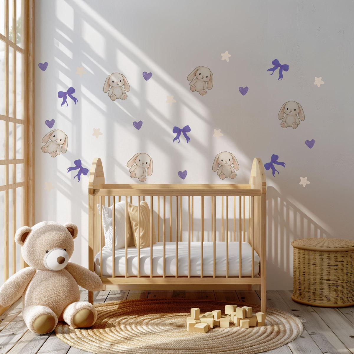 Bunny Wall Stickers, Cute Bunny Nursery Decor, Purple Bows Hearts Stars, Girls Room Kids Bedroom Rabbit Peel and Stick Wall Art