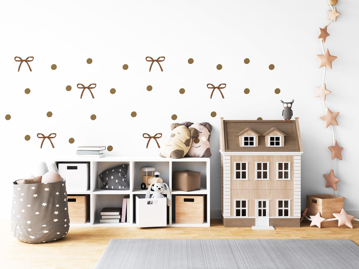 Boho Bow Wall Stickers, Neutral Nursery Decor, Tan Bow Polka Dot Wall Decals, Gender Neutral Kids Room Baby Peel and Stick Wall Art