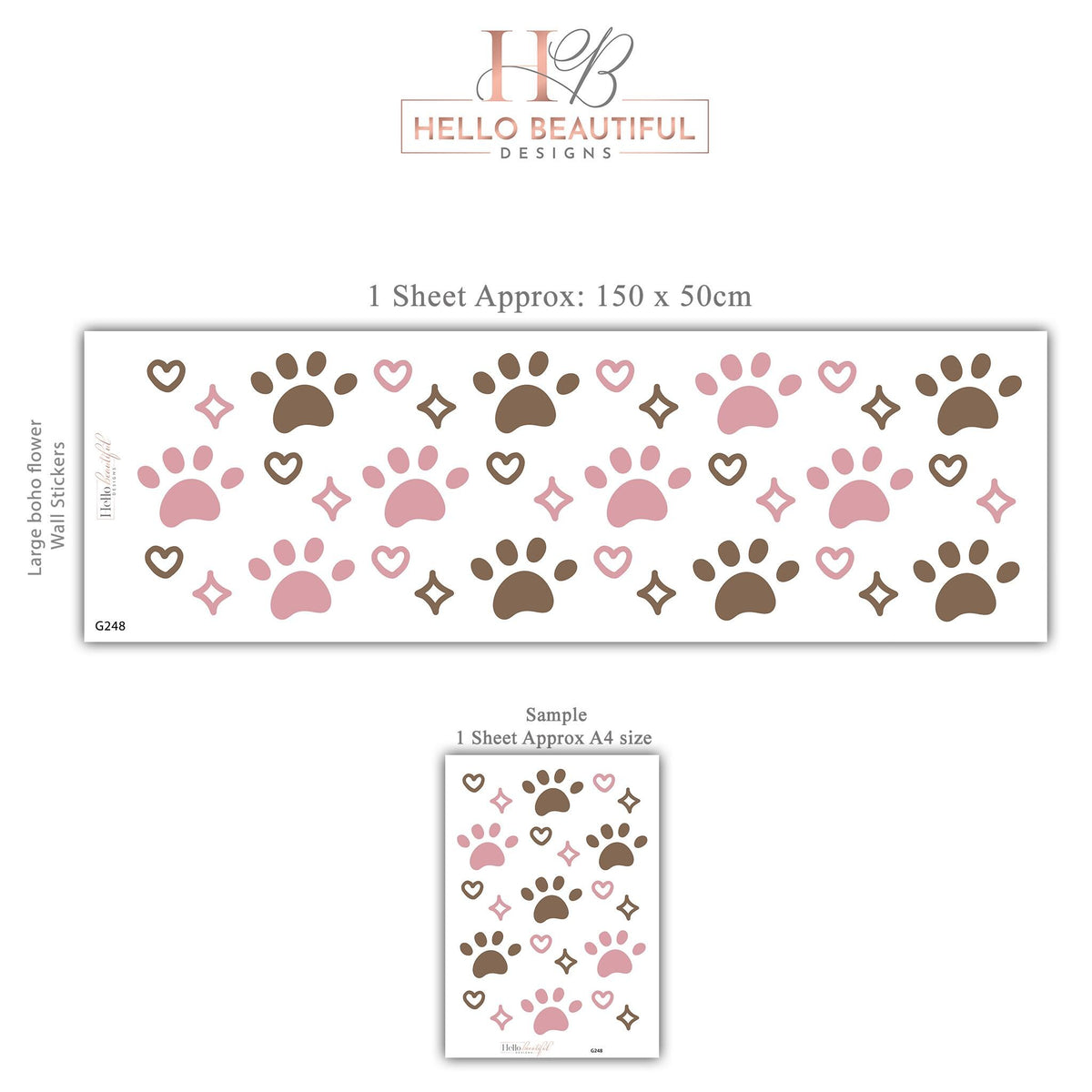 Paw Print Wall Stickers, Pink Puppy Paw Nursery Decor, Hearts Sparkles Kids Room, Girls Bedroom Cat Dog Peel and Stick Wall Art