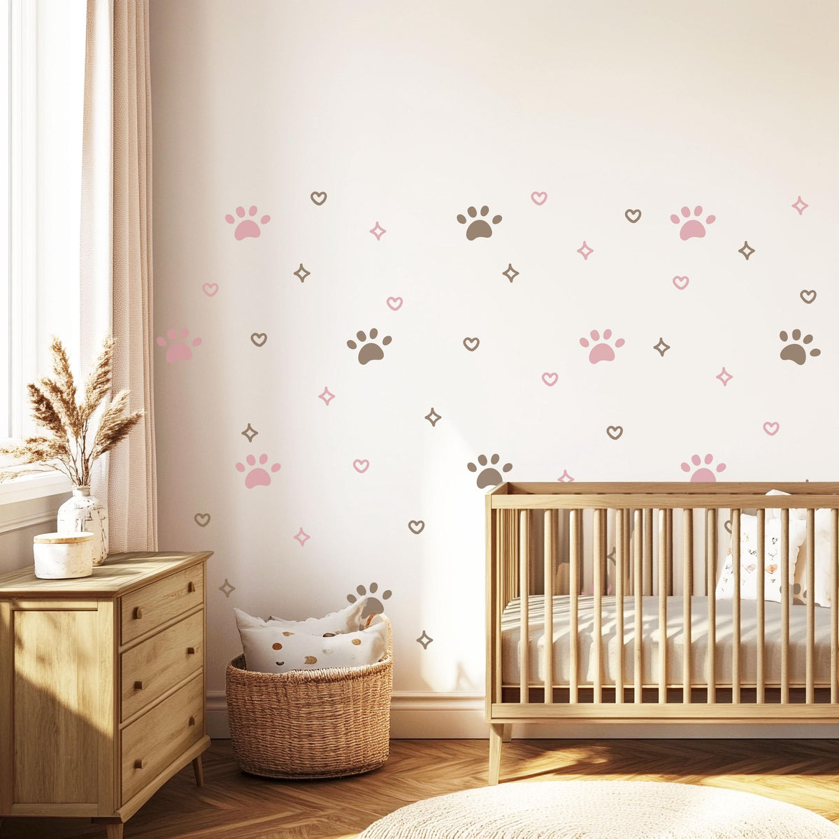 Paw Print Wall Stickers, Pink Puppy Paw Nursery Decor, Hearts Sparkles Kids Room, Girls Bedroom Cat Dog Peel and Stick Wall Art
