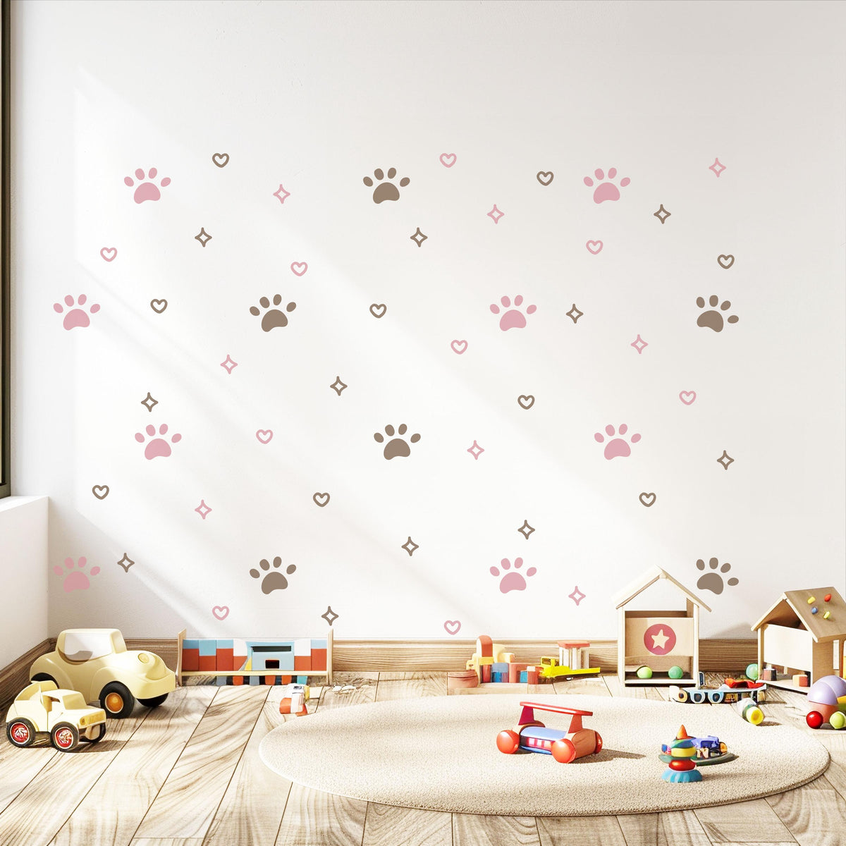 Paw Print Wall Stickers, Pink Puppy Paw Nursery Decor, Hearts Sparkles Kids Room, Girls Bedroom Cat Dog Peel and Stick Wall Art