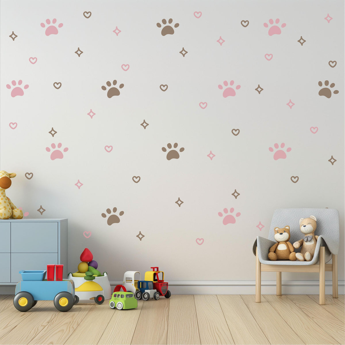 Paw Print Wall Stickers, Pink Puppy Paw Nursery Decor, Hearts Sparkles Kids Room, Girls Bedroom Cat Dog Peel and Stick Wall Art