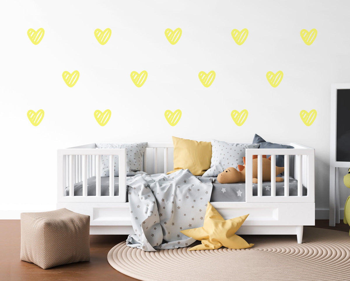 Yellow Heart Wall Stickers, Doodle Heart Decals, Gender Neutral Nursery Decor, Kids Room Playroom, Peel and Stick