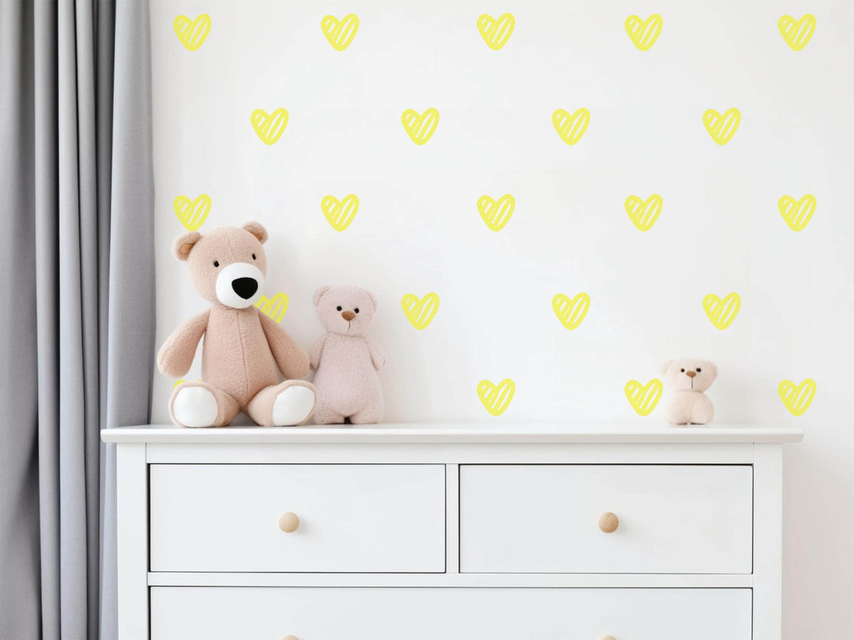 Yellow Heart Wall Stickers, Doodle Heart Decals, Gender Neutral Nursery Decor, Kids Room Playroom, Peel and Stick