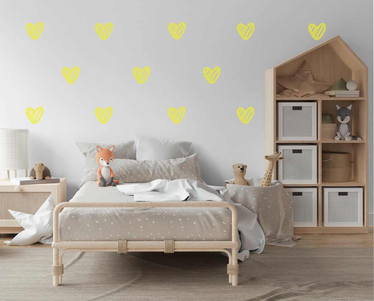 Yellow Heart Wall Stickers, Doodle Heart Decals, Gender Neutral Nursery Decor, Kids Room Playroom, Peel and Stick