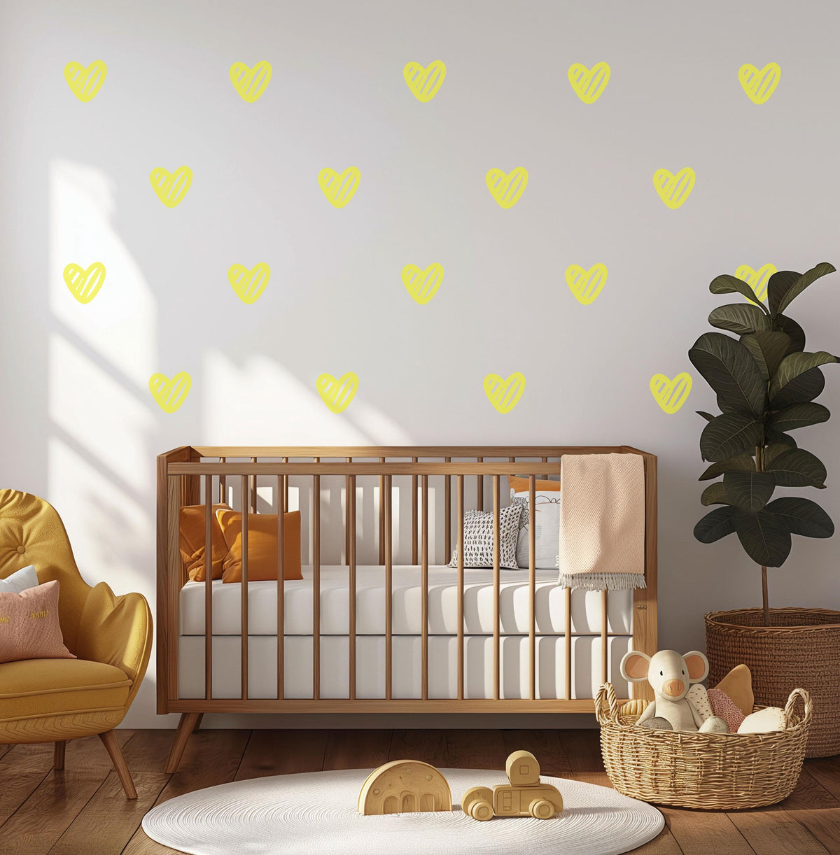 Yellow Heart Wall Stickers, Doodle Heart Decals, Gender Neutral Nursery Decor, Kids Room Playroom, Peel and Stick