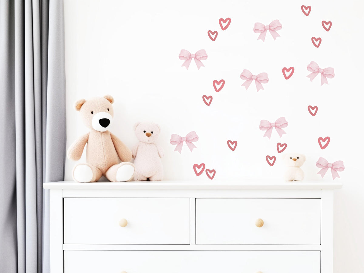 Pink Bow Wall Stickers, Coquette Heart Nursery Decor, Bow and Heart Wall Decals, Girls Room Baby Girl Nursery Peel and Stick Wall Art