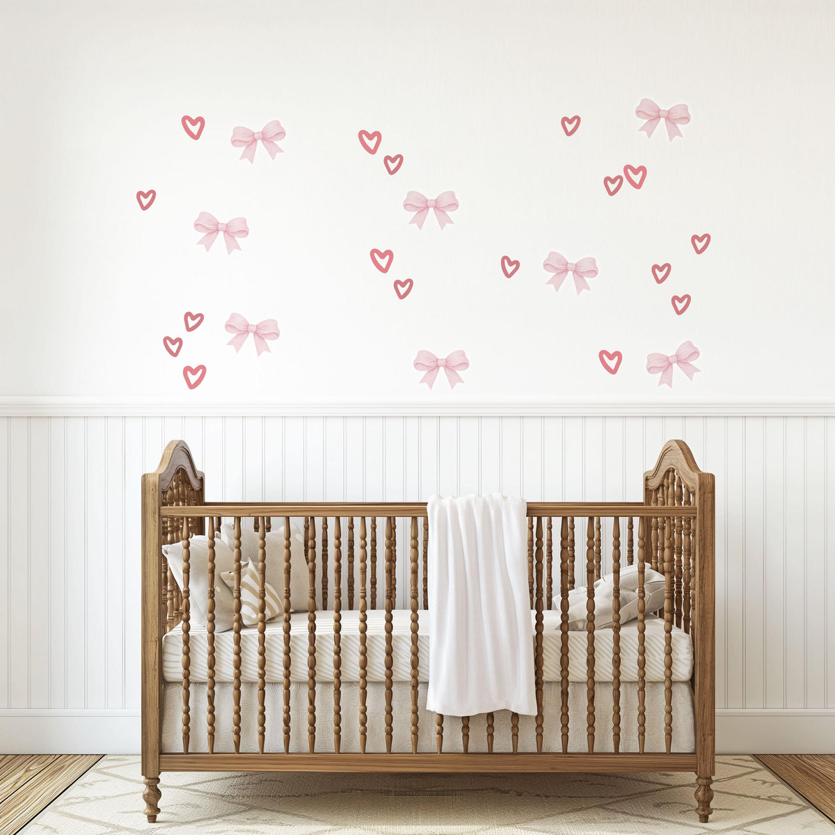 Pink Bow Wall Stickers, Coquette Heart Nursery Decor, Bow and Heart Wall Decals, Girls Room Baby Girl Nursery Peel and Stick Wall Art