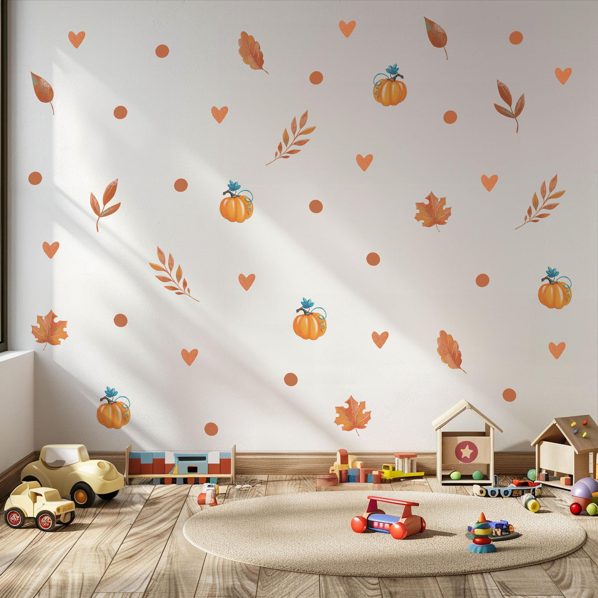 Pumpkin Wall Stickers, Autumn Nursery Decor, Fall Leaves Heart Wall Decals, Kids Room Halloween Boho Neutral Peel and Stick Wall Art