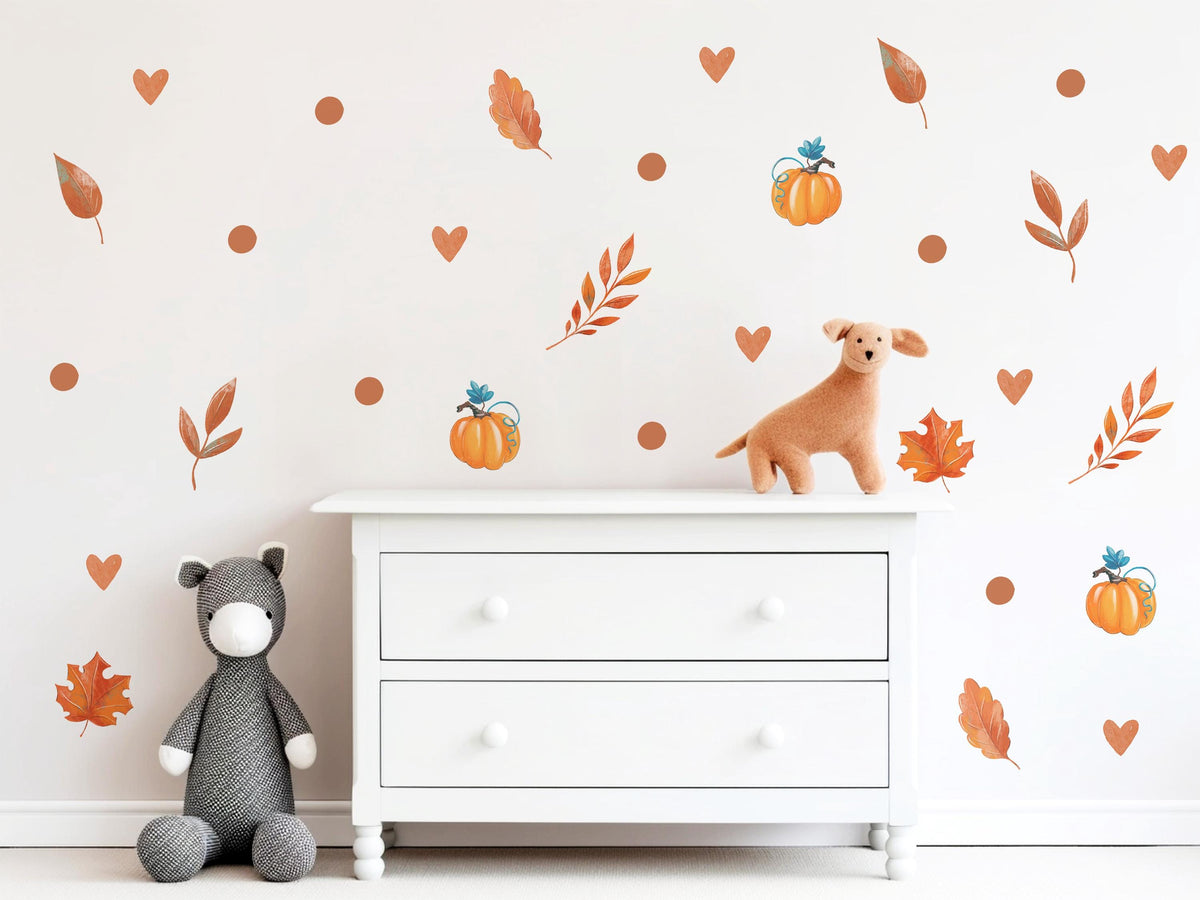 Pumpkin Wall Stickers, Autumn Nursery Decor, Fall Leaves Heart Wall Decals, Kids Room Halloween Boho Neutral Peel and Stick Wall Art