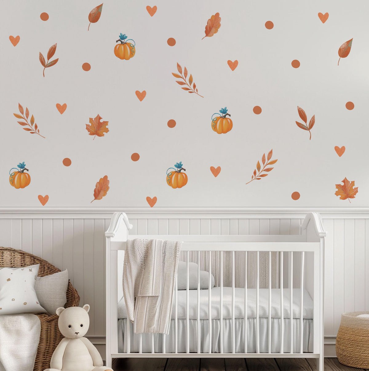 Pumpkin Wall Stickers, Autumn Nursery Decor, Fall Leaves Heart Wall Decals, Kids Room Halloween Boho Neutral Peel and Stick Wall Art