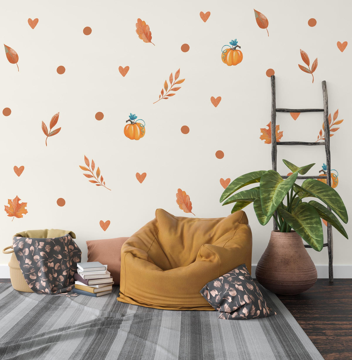 Pumpkin Wall Stickers, Autumn Nursery Decor, Fall Leaves Heart Wall Decals, Kids Room Halloween Boho Neutral Peel and Stick Wall Art