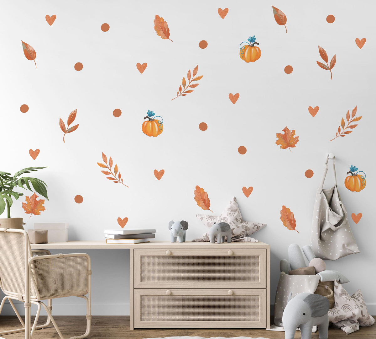 Pumpkin Wall Stickers, Autumn Nursery Decor, Fall Leaves Heart Wall Decals, Kids Room Halloween Boho Neutral Peel and Stick Wall Art