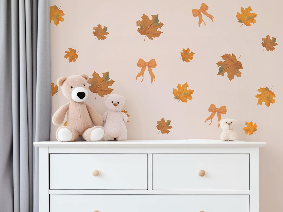 Autumn Leaf Wall Stickers, Fall Leaf Bow Nursery Decor, Maple Leaves Wall Decals, Kids Room Boho Neutral Seasonal Peel and Stick Art